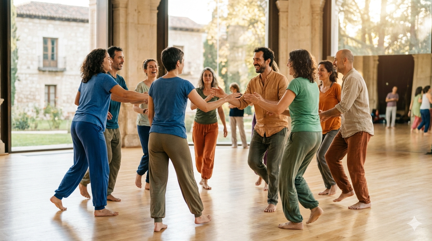 Grupo de personas bailando alegremente en una sesión de Biodanza